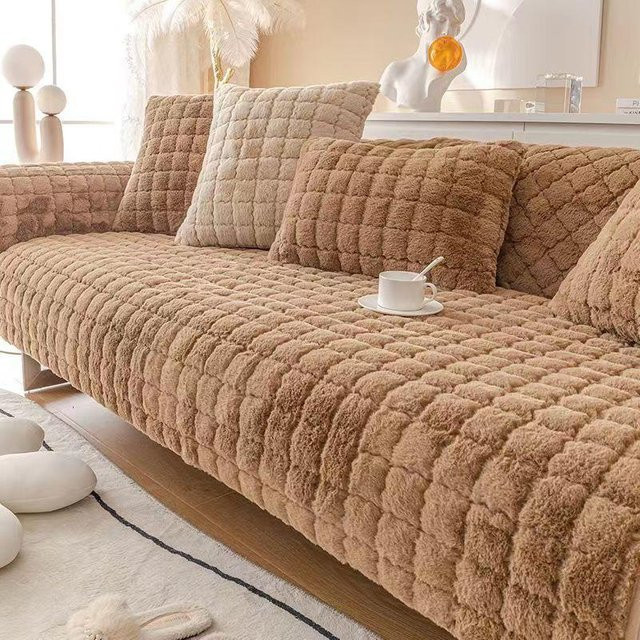 Rutschfester Ecksofa-Bezug aus superweichem Kaninchenplüsch in Beige für L-Form Sofas - Bild 1
