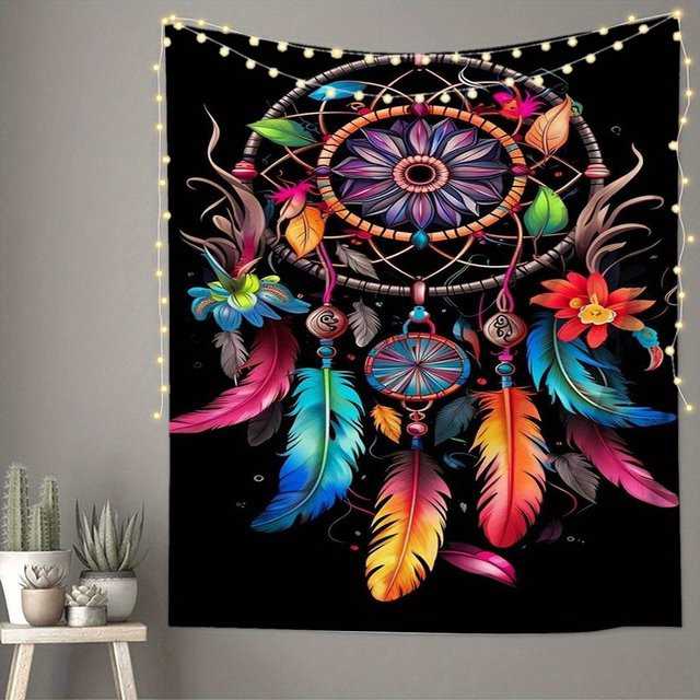 VIKAMA Vintage Traumfänger Wandteppich im Boho-Stil mit Blumen und Federn, Mehrfarbig, B/H: 60 x 40 cm - Bild 1