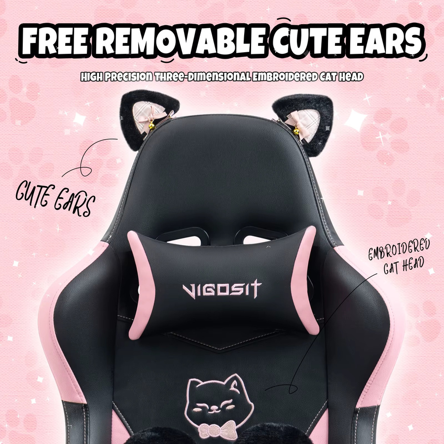 VIGOSIT Gaming-Stuhl mit Katzenohren in Schwarz-Weiß, ergonomischer Computerstuhl für Mädchen mit Massage-Lendenwirbelstütze, Kopfstütze, Fußstütze und Liegefunktion, aus Kunstleder - Bild 5