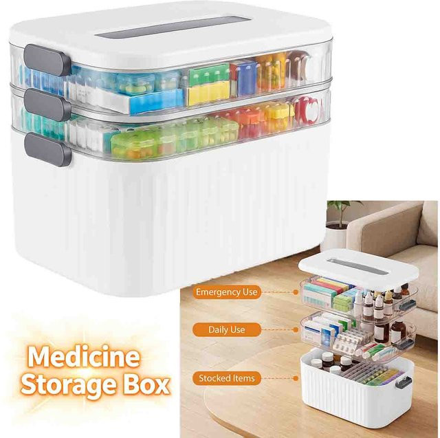 Medizin-Aufbewahrungsbox mit 3 Schichten und Tragegriff aus Kunststoff, Farbe: Weiß, B/T/H: 34,0 x 25,0 x 17,0 cm - Bild 1