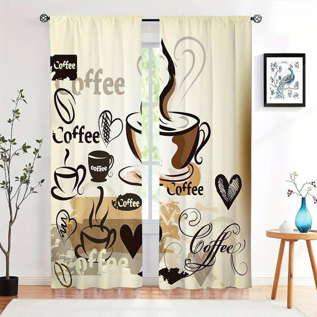 2 Stück Vintage Fenster Vorhänge mit Kaffee Amerikanischem Muster in Beige, halbtransparent, B: 50 cm, H: 140 cm - Bild 1