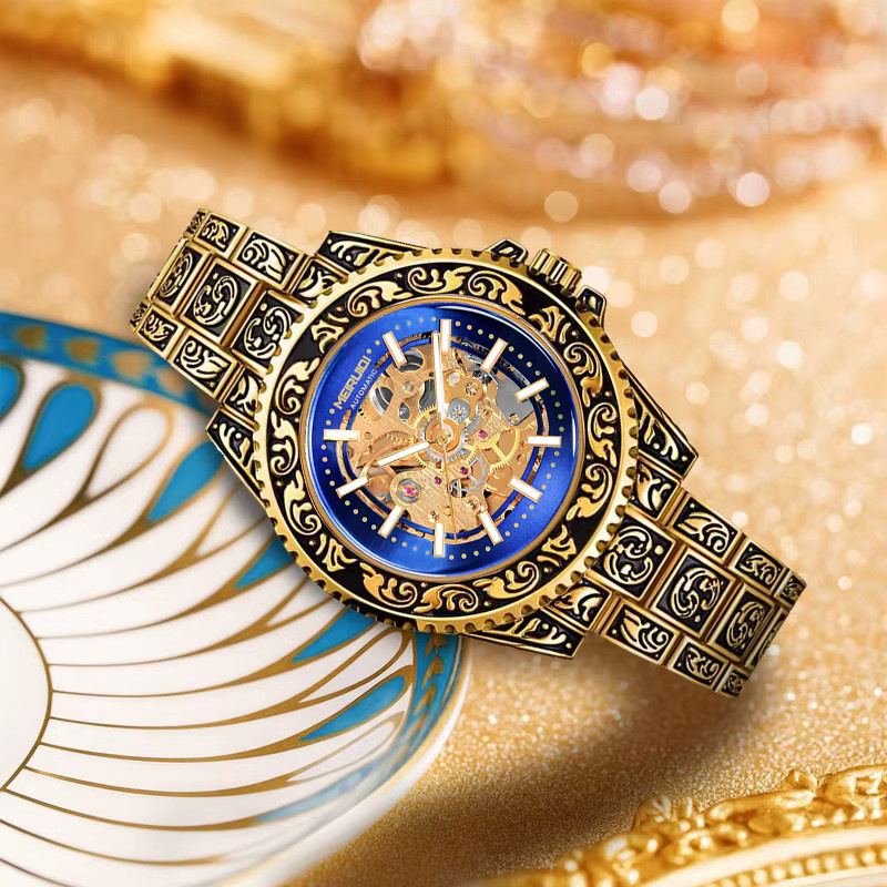 MEIRUIQI Tourbillon-Uhr, Analoguhr, Messing, Gold, Blau, Herren, Vintage - Bild 2