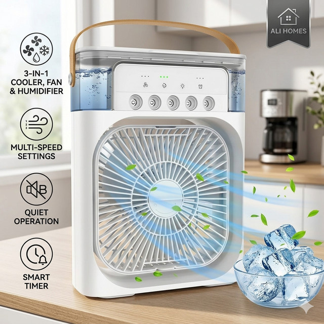 XMSJ 3-in-1 Tragbarer Verdunstungsluftkühler Mini Desktop-Nebelventilator mit LED-Licht als Luftbefeuchter in Weiß oder Grün - Bild 1
