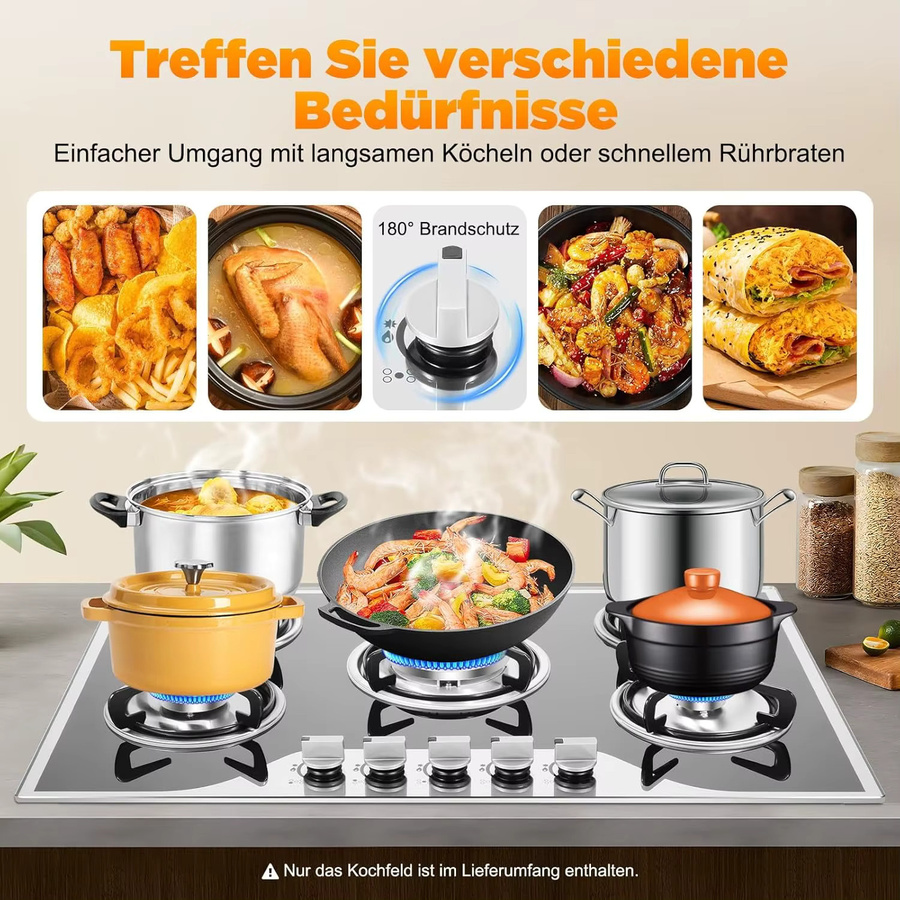 Fridgestea Einbau-Gaskochfeld mit 5 Flammen und Glasplatte in Schwarz, inklusive Wok-Brenner für Propan und Erdgas, Breite: 77,5 cm - Bild 4