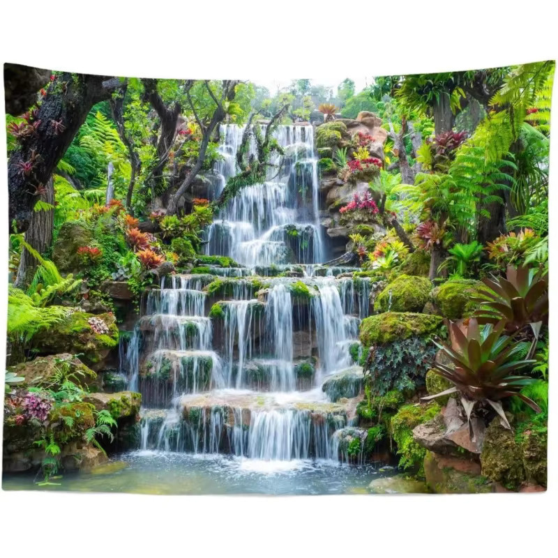 VIKAMA Panorama-Wasserfall Regenwald Tapisserie in Grün mit 3D Wasserfluss und Pflanzen als Wandbild für dein Wohnzimmer - Bild 4
