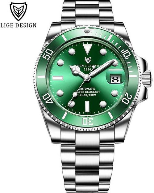 LIGE Armbanduhr Automatik, Edelstahl, Silber/Grün, Herren, 100 ATM - Bild 1