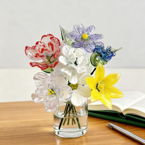 Handgefertigte mundgeblasene Glasblumendekoration von Full in Love House mit Drahtstiel in Mehrfarbig gestreift als Tischornament für Wohnzimmer und Büro - Bild 2