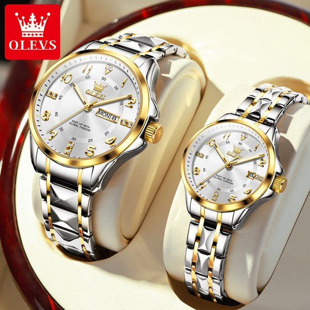 OLEVS Armbanduhr Paar, Quarz, Edelstahl, Gold, Weiß, Unisex - Bild 1