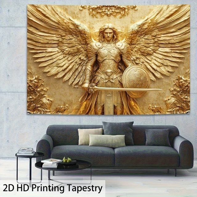 VIKAMA Wandteppich Charming Angel mit Erzengel Michael, dekoratives Kunstwerk in Gold, Textil-Wandbild für dein Wohnzimmer - Bild 1