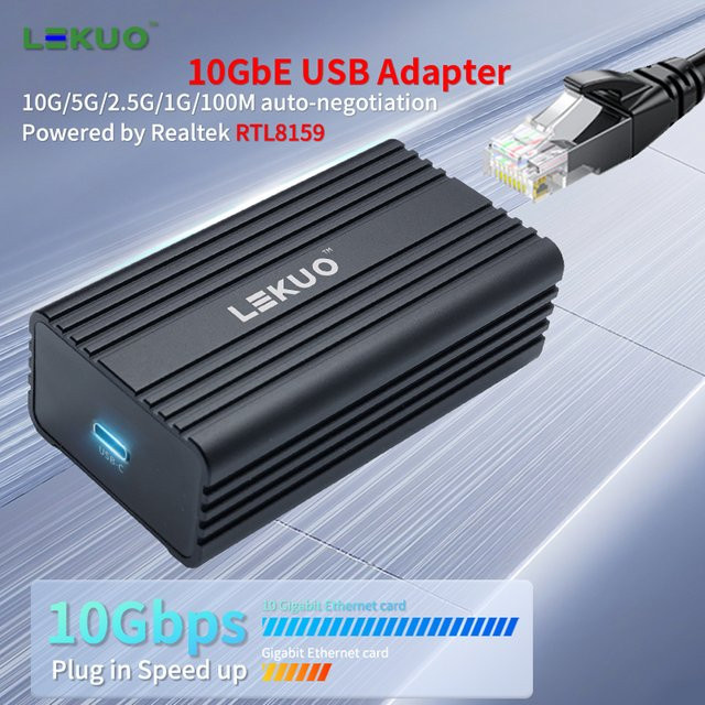 Lekuo USB-C zu 10GbE RJ45 Netzwerkadapter, USB 3.2 Gen2x2 Ethernet Dongle für MacBook und PC, Schwarz - Bild 1