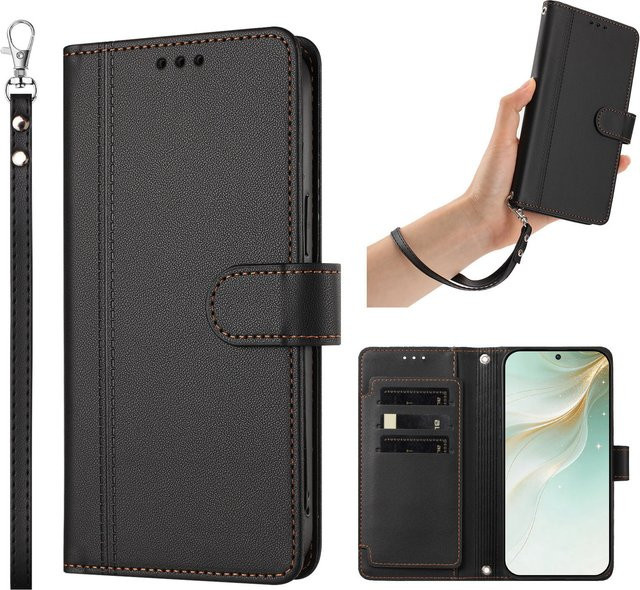 Handyhülle aus PU-Leder für Xiaomi Redmi Note 15 Pro+ 5G mit Handgelenkschlaufe, Kartenfächern und Brieftaschenfunktion in Schwarz oder Grün - Bild 1