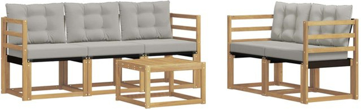 Modernes 6-teiliges Outdoor-Sofagarnitur Loungemöbel Set von vidaXL aus Akazienholz mit Textilene und Kissen in Weiß und Grau - Bild 1