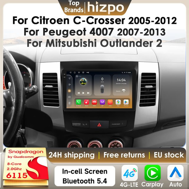 Hizpo AI Android 14 Autoradio mit Snapdragon 6115, Carplay, 4G und GPS für Citroen C-Crosser, Peugeot 4007 und Mitsubishi Outlander, Schwarz - Bild 1