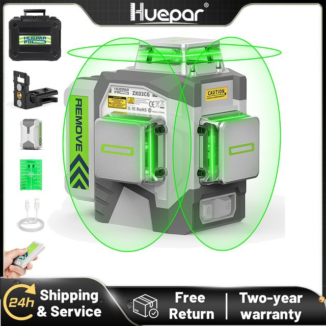Huepar ZK03CG-L Laser-Wasserwaage mit 12 Kreuzlinien, selbstnivellierend, Genauigkeit ±2 mm/10 m, inklusive 8000 mAh Li-Ionen-Akku und Fernbedienung - Bild 1