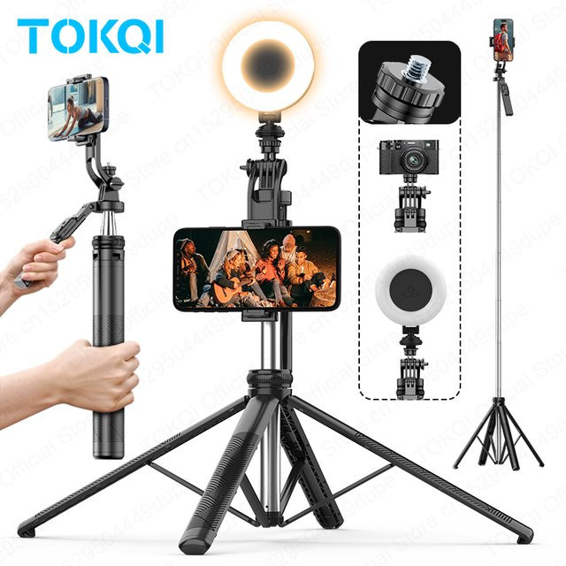TOKQI C19 Selfie Stick Stativ mit Telefonhalter und Fernbedienung, ausziehbares Quadrapod für Handykameras, Schwarz - Bild 1