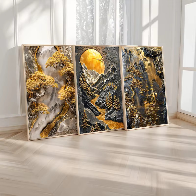 Potdemiel Abstrakte Leinwandmalerei Goldener Baum und Mond in Gold, minimalistisches Wandbild mit botanischem Motiv - Bild 1