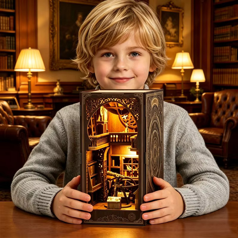 Zuuton Astronomisches Museum Buch Nook Kit, DIY 3D Holz Puppenhaus, mit LED Licht - Bild 3