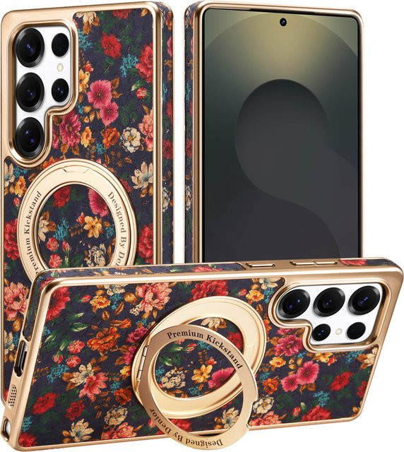 Denior Handyhülle Flower Totem aus Kork mit 360 Grad drehbarem Ständer für Samsung Galaxy S26 S25 S24 S23 Plus Ultra in Blau Multicolour - Bild 1