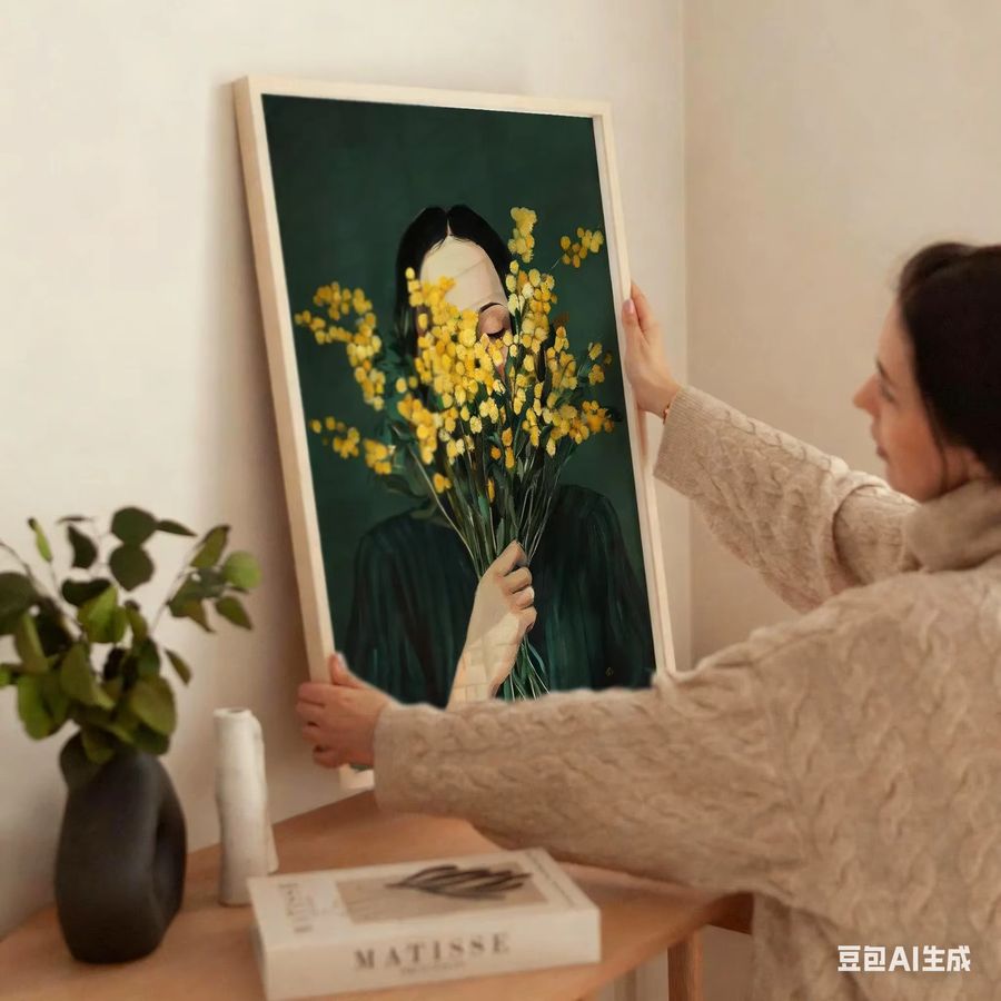 Minimalistischer Wandkunstdruck von SHENCHEN mit Porträt einer Frau und Mimosa-Blumen in Smaragdgrün - Bild 3