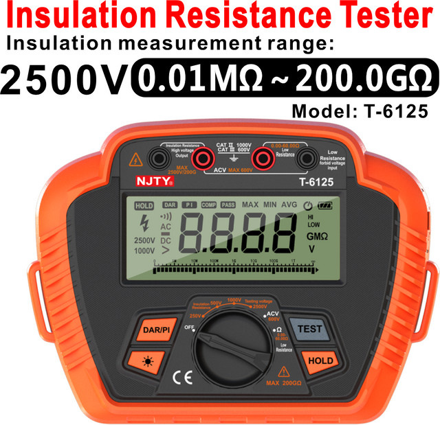 NJTY Digitales Megohmmeter Isolationswiderstandstester 1000 V/2500 V in Orange mit Messung des Absorptionsverhältnisses und niedrigem Widerstand bis 200 GΩ - Bild 1