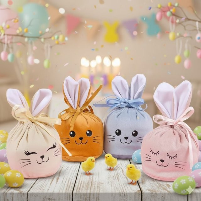 Blaue Plüsch-Geschenktüten mit Osterhasenohren und Kordelzug als Süßigkeitentüten für Ostern und Frühlingspartys - Bild 1