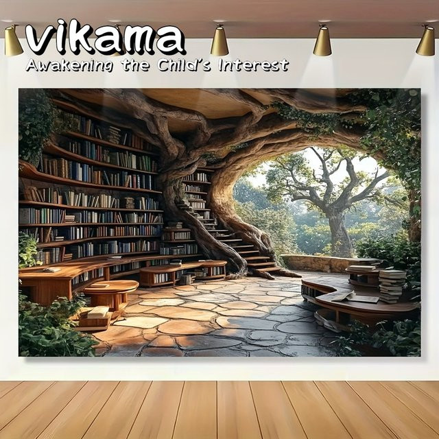 VIKAMA Wandteppich Baumloch-Bücherregal in Schwarz-Weiß, dekorativer Textil-Wandteppich für dein Wohnzimmer - Bild 1