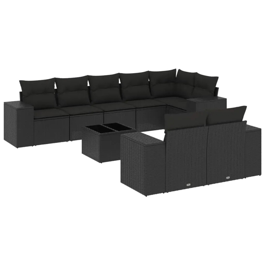 vidaXL 9-tlg. Garten-Sofagarnitur in L-Form aus schwarzem Poly-Rattan mit Kissen und pulverbeschichtetem Stahlgestell - Bild 2