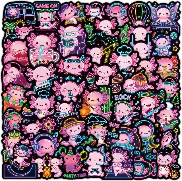 50 Stück Neon-Axolotl Aufkleber in Multicolour als bunte Cartoon-Doodles zur Dekoration von Laptops, Handyhüllen und Wasserflaschen - Bild 1
