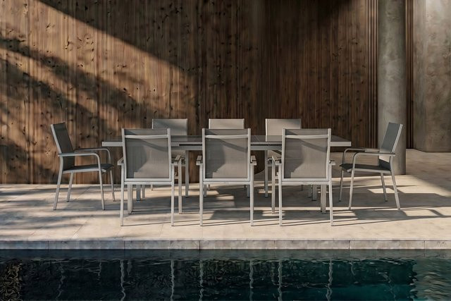 Kettler BasicPlus Garten-Essgruppe aus Aluminium und Textilene in Silber mit ausziehbarem Tisch und 8 Stapelsesseln - Bild 1