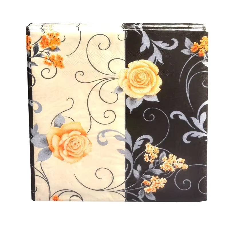 GUANYAO Papier Servietten mit Blumenmuster, 20er Paket, Schwarz und Gelb, B/B: 33 x 33 cm - Bild 4