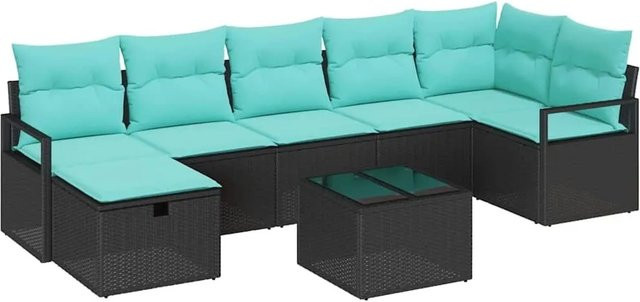 vidaXL 8-teiliges Poly-Rattan Sofa Set mit Kissen in Schwarz und Türkis aus pulverbeschichtetem Stahl - Bild 1