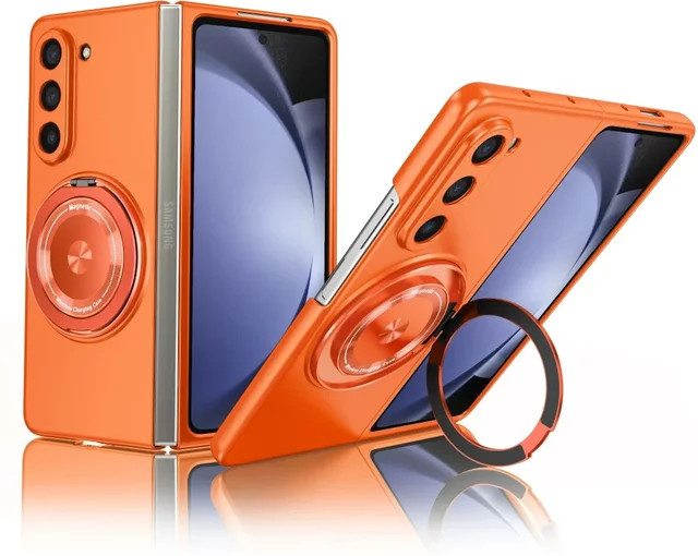 Samsung Anti-Drop Schutzhülle für Galaxy Z Fold 7 6 5 4 mit magnetischer kabelloser Ladefunktion und drehbarem Ringständer in Orange - Bild 1