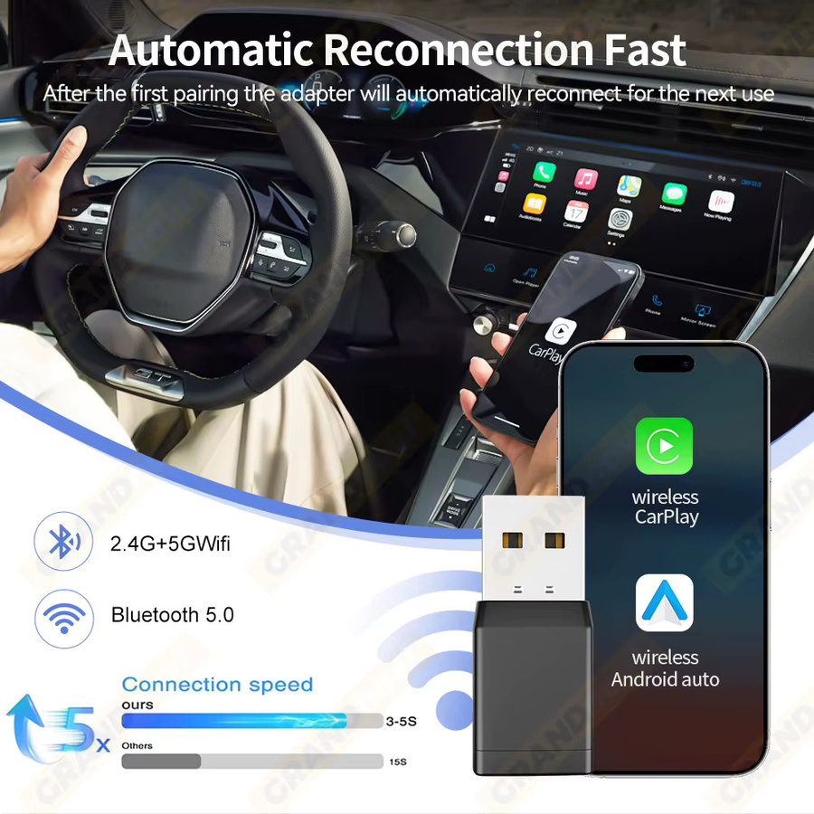 Grandnavi 2in1 Mini Kabelloser CarPlay und Android Auto Adapter, USB Dongle für Audi, Toyota, VW, Peugeot, MG und Ford, Schwarz - Bild 4