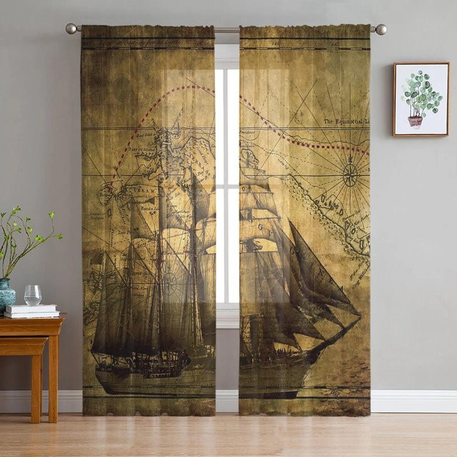 Yiran Furniture Nautische Chiffon-Transparentvorhänge mit Segelschiff-Design, Beige, 2er-Set, B: 135 cm, H: 215 cm - Bild 1