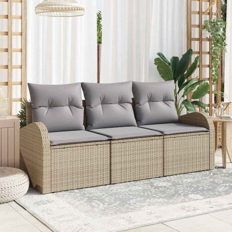 3-teiliges Garten-Sofa-Set aus Poly-Rattan mit Kissen in Beige und Hellgrau von vidaxl - Bild 1