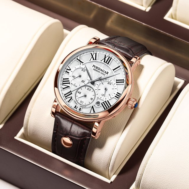 POEDAGAR Armbanduhr Chronograph, Quarz, Leder, Herren, Roségold, Silber - Bild 1