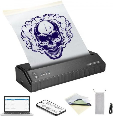 VEVOR Bluetooth Tattoo-Transfer-Schablonendrucker, kabelloser Thermodrucker für Android, iOS, iPad und PC inklusive 10 Blatt Transferpapier und Stoffbeutel - Bild 1