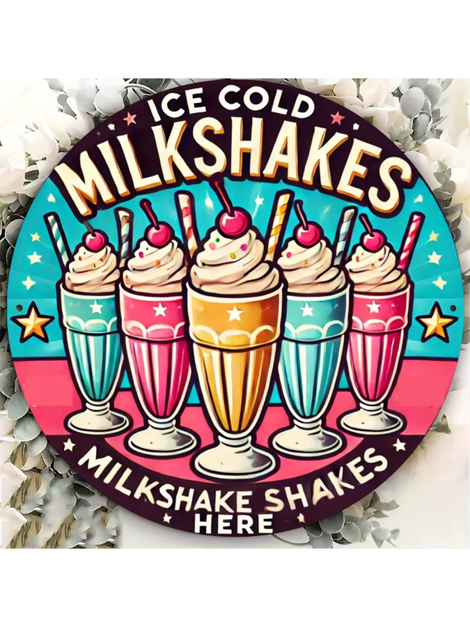 Potdemiel Retro-Aluminiumschild Ice Cold Milkshakes, rundes Vintage-Wandkunst-Dekor aus Metall, Mehrfarbig, Durchmesser: 20,3 cm - Bild 5