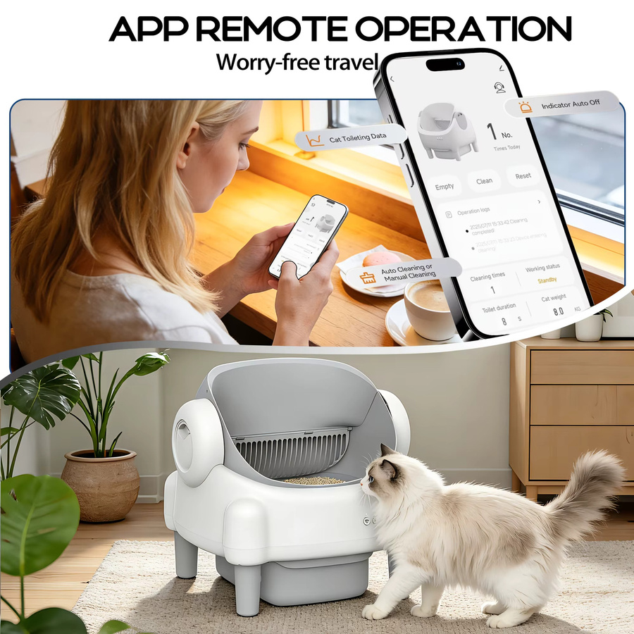 MIAOERDUO Elektrische Katzentoilette in Weiß, selbstreinigend und offen mit 76L Volumen, App-Überwachung via 2.4G WLAN, Sicherheitssensoren sowie Aromatherapie-Reinigungsbürste und Müllbeuteln - Bild 3