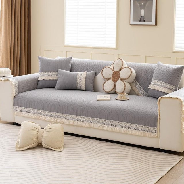 Chenille Sofa-Kissenbezug von Super Six in Cremefarben, rutschfester Sofaüberwurf aus Polyester, B/H: 70 x 70 cm - Bild 1