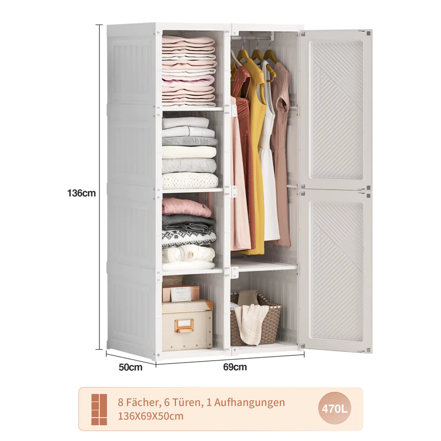 Anajqaqia Kleiderschrank in Weiß mit 6 Türen, 5 Fächern und Kleiderbügelstange - Bild 4