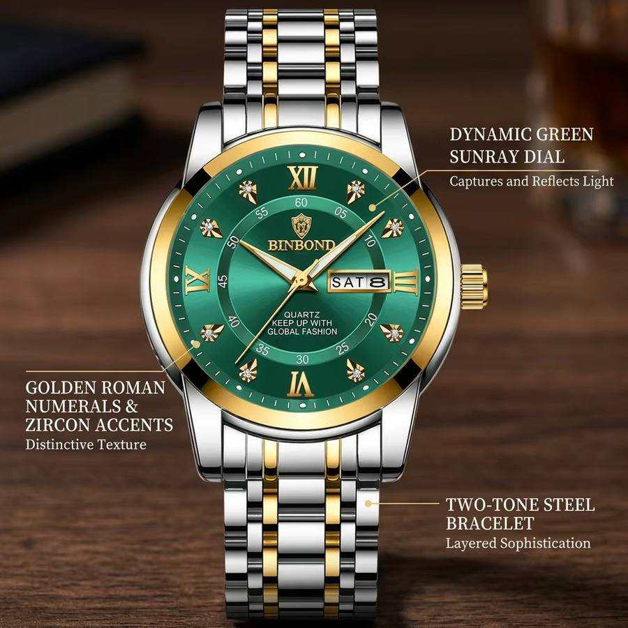 BINBOND Armbanduhr, Quarz, Edelstahl, Grün, Unisex - Bild 6