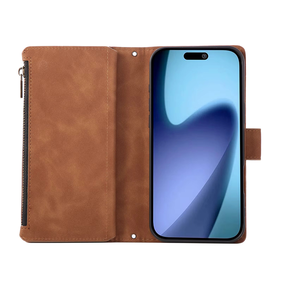 Aierkeba Leder-Wallet mit Reißverschluss und Kickstand als Karten- und Handyhülle für iPhone Modelle in Braun - Bild 2