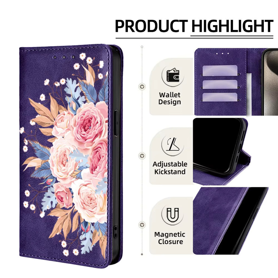 Magnetische Leder Flip Case mit Blumenmuster für Samsung Galaxy S25 Ultra S25 FE S24 S23 S22 Plus A56 A36 A26 A17 A07 Wallet Cover in Braun - Bild 2