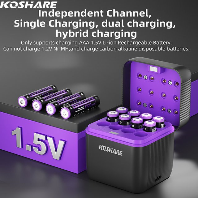 KOSHARE Akku-Ladegerät-Set mit wiederaufladbaren Li-Ionen-Akkus AA 4255 mWh und AAA 1100 mWh sowie Smart Schnell-Lade-Etui und 12-Fach LED-Anzeige - Bild 1