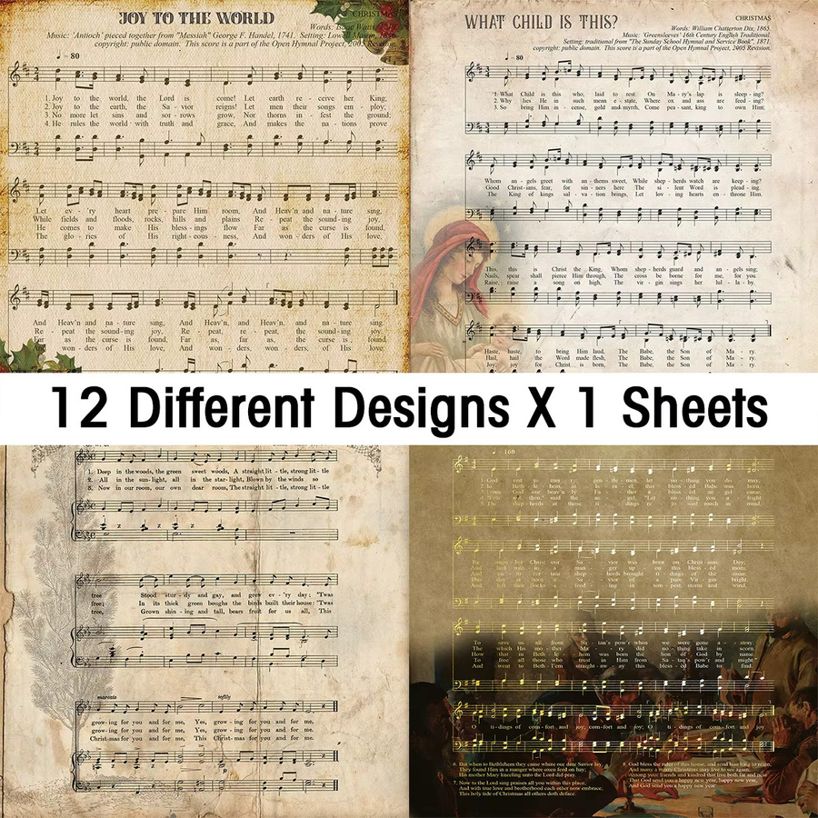 12er Set Retro Weihnachten Bastelpapier mit Notenblatt-Design für Journaling und Grußkarten, Mehrfarbig - Bild 3