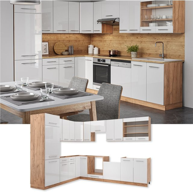 Vicco Eckküche Fame-Line Einbauküche in Eiche und Weiß, modern mit Soft-Close-Türen und Hängeglasschrank, B/T/H: 227 x 60 x 287 cm - Bild 1