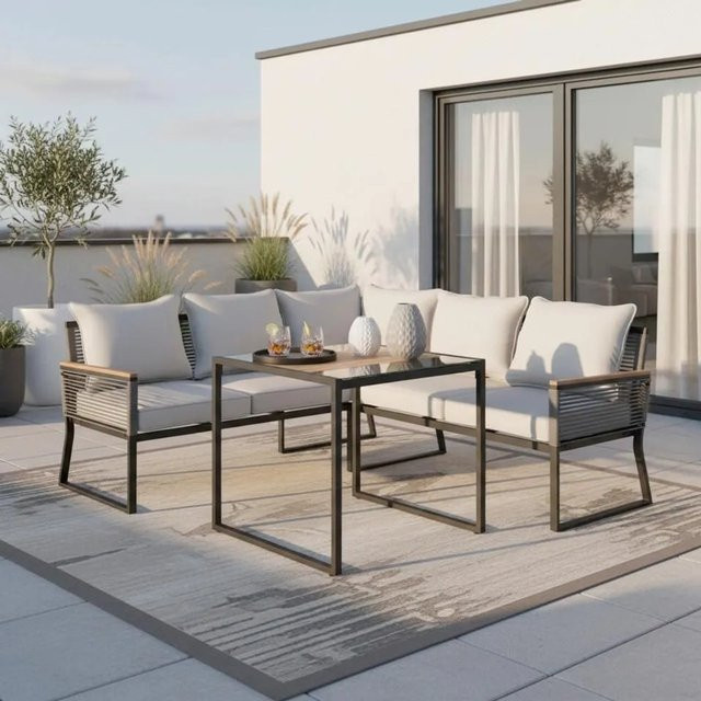 Bessagi Garden Dining-Loungeset Sonora in Grau aus Metall und Outdoorstoff mit Glastisch - Bild 1