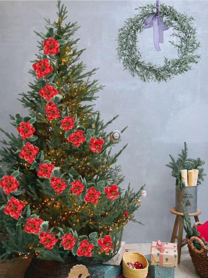 XIYA FLOWER Set aus 2 Stück künstliche Dahlien mit goldenen Kanten und Blättern für deine Weihnachtsdekoration - Bild 6