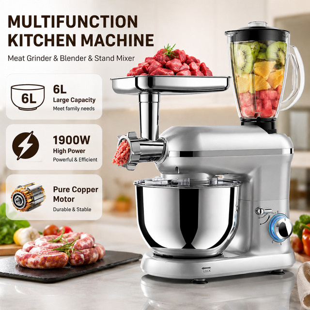 Jianyana Multifunktionaler Standmixer 1900W mit 6L Edelstahl-Rührschüssel in Silber inklusive Fleischwolf, Knethaken, Schneebesen und Rührbesen - Bild 1